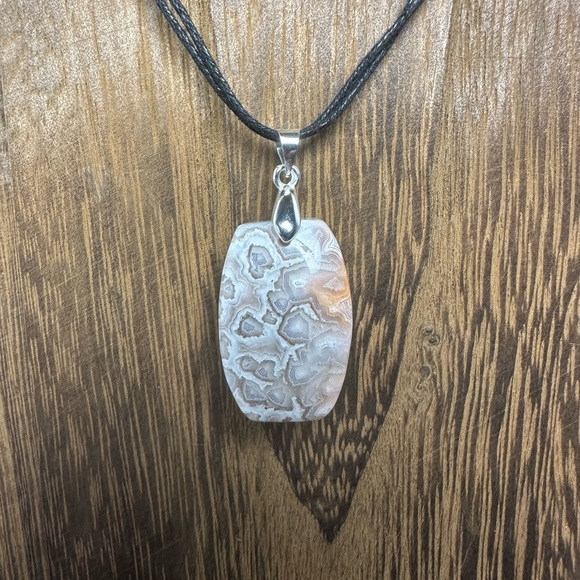 Jewelry - Mexican Crazy Lace Agate Pendant Necklace on Double Black Cotton Rope